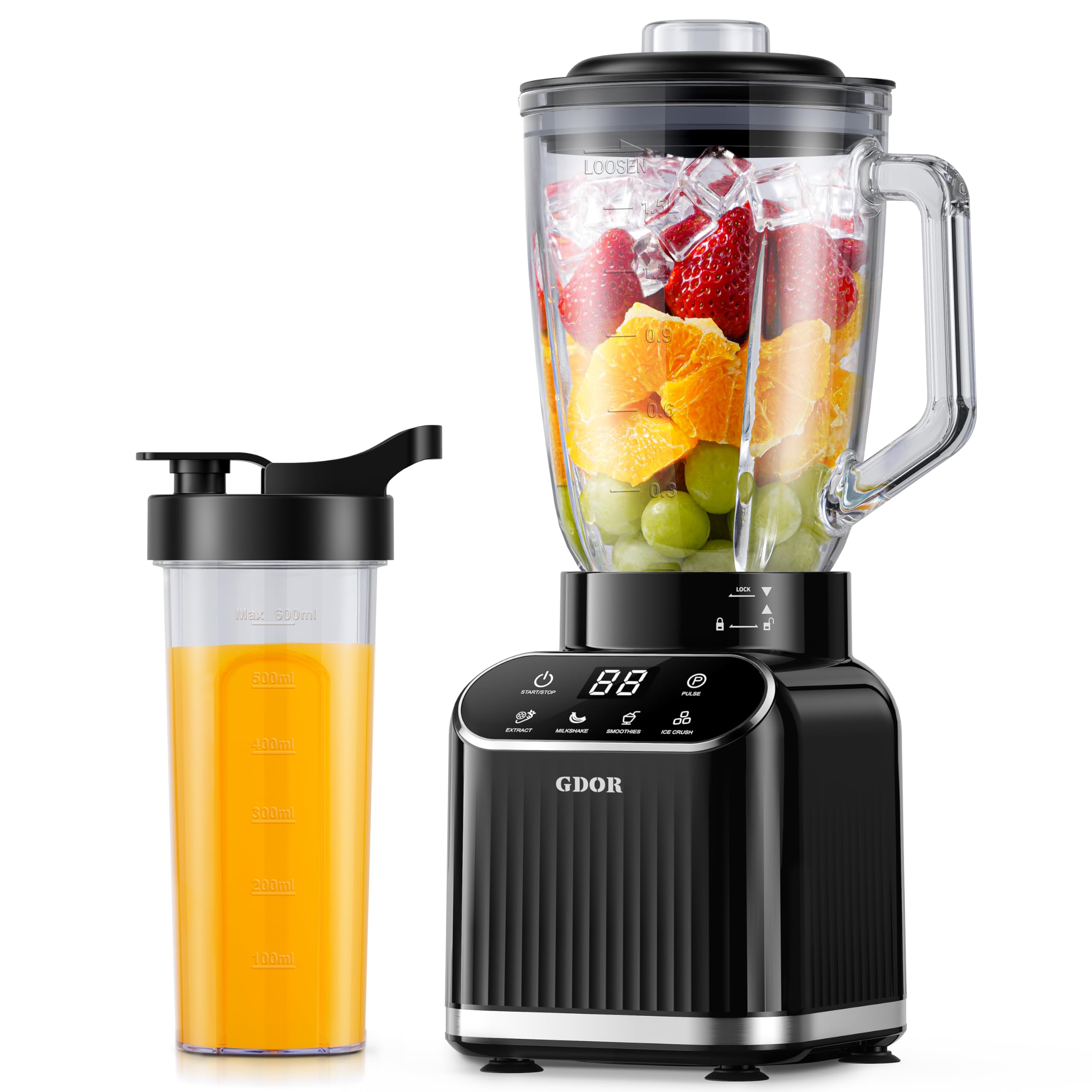 GDOR Profesjonalny blender do smoothie Maker 1200 W szklany blender 5 programów blendera 1,5 l i 700 ml kubek To-Go Kombi, wysokowydajny mikser do smoothie, shake, kruszenia lodu, mrożonych owoców