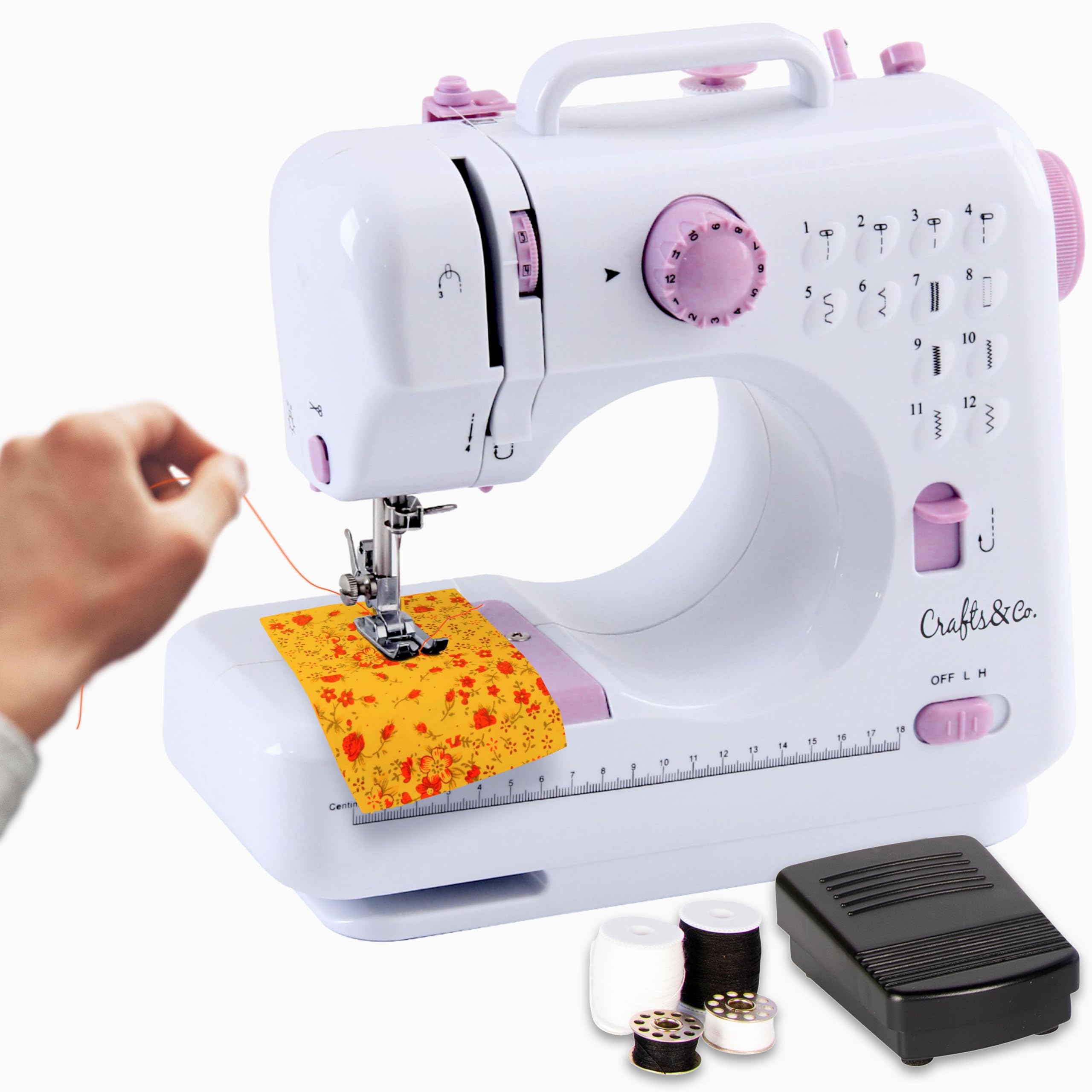 Crafts&Co® Maszyna do szycia dla początkujących, mini maszyna do szycia z 12 wbudowanymi ściegami, elektryczna maszyna do haftowania, maszyna do szycia dla początkujących