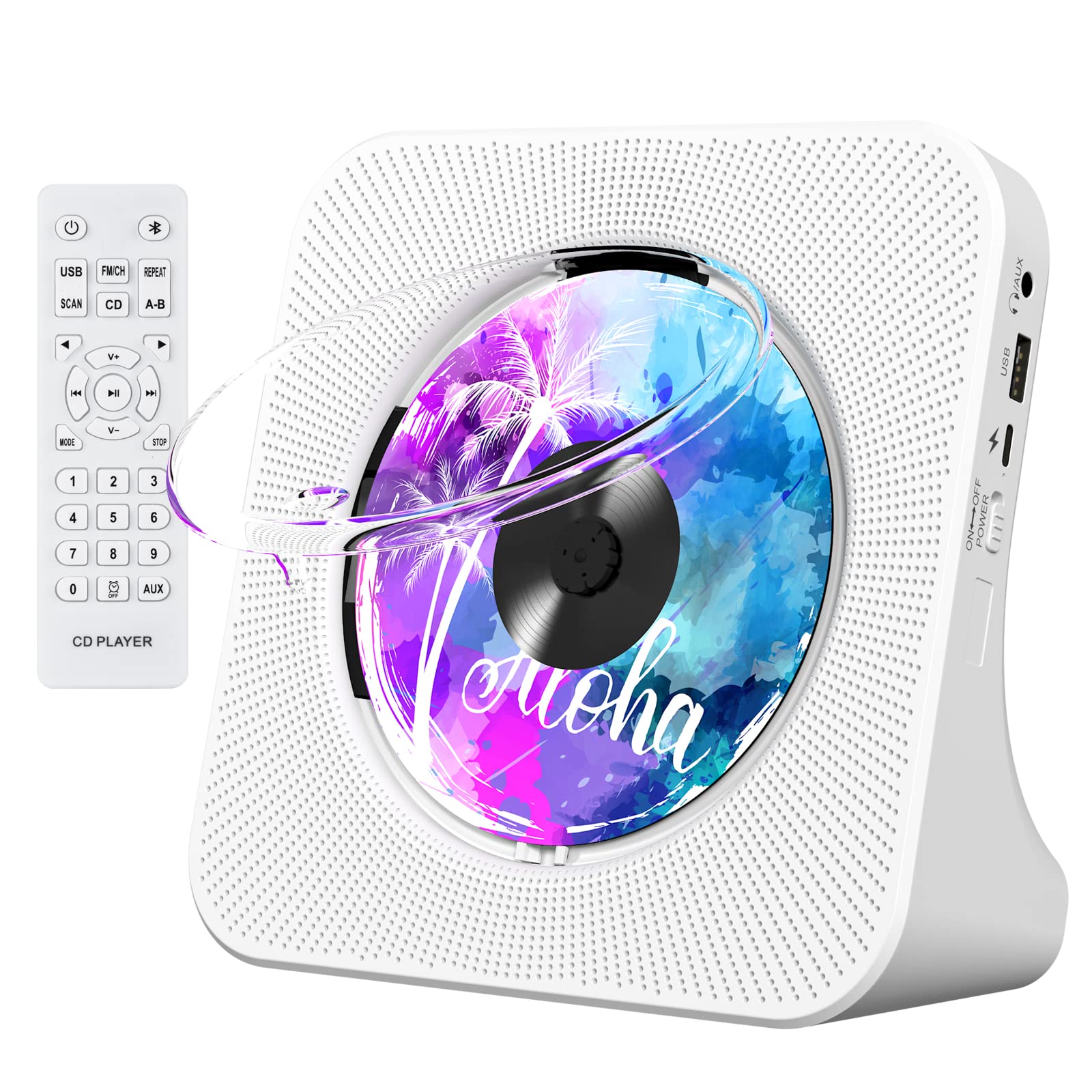 Przenośny odtwarzacz CD z Bluetooth, Gueray Desktop do domu, wbudowane podwójne głośniki HiFi, wejście słuchawkowe AUX, radio FM z pilotem zdalnego sterowania, port USB, wyświetlacz LCD, biały