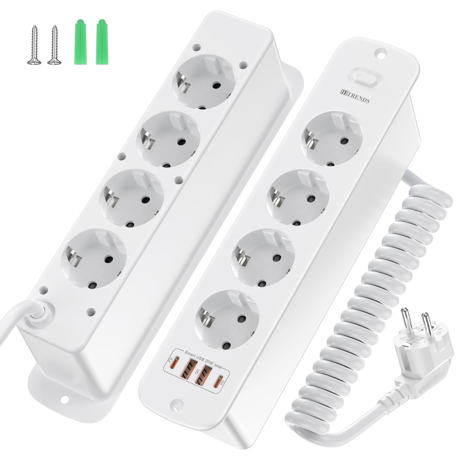 Listwa zasilająca wpuszczana do zabudowy, 8 gniazd, z 2 x USB-C, dwustronna listwa zasilająca z 8 gniazdami, wysuwana, 4000 W/16 A (PD20W), kabel 2 m, kolor biały