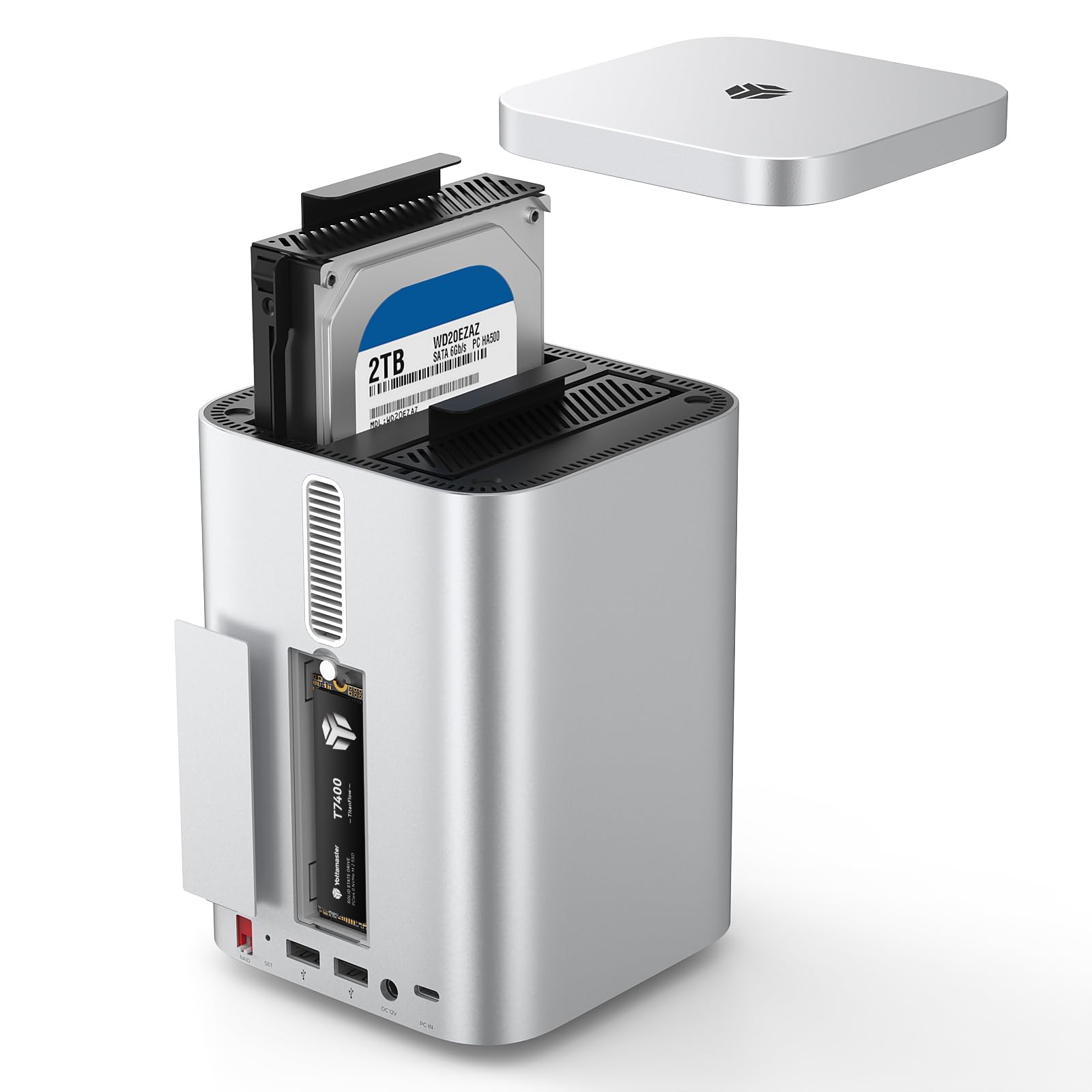 Yottamaster Mac mini Performance Dock – obudowa RAID NVMe, 2 kieszenie, z hubem 10 Gb/s, pojemność do 56 TB, zoptymalizowana dla M4/PC