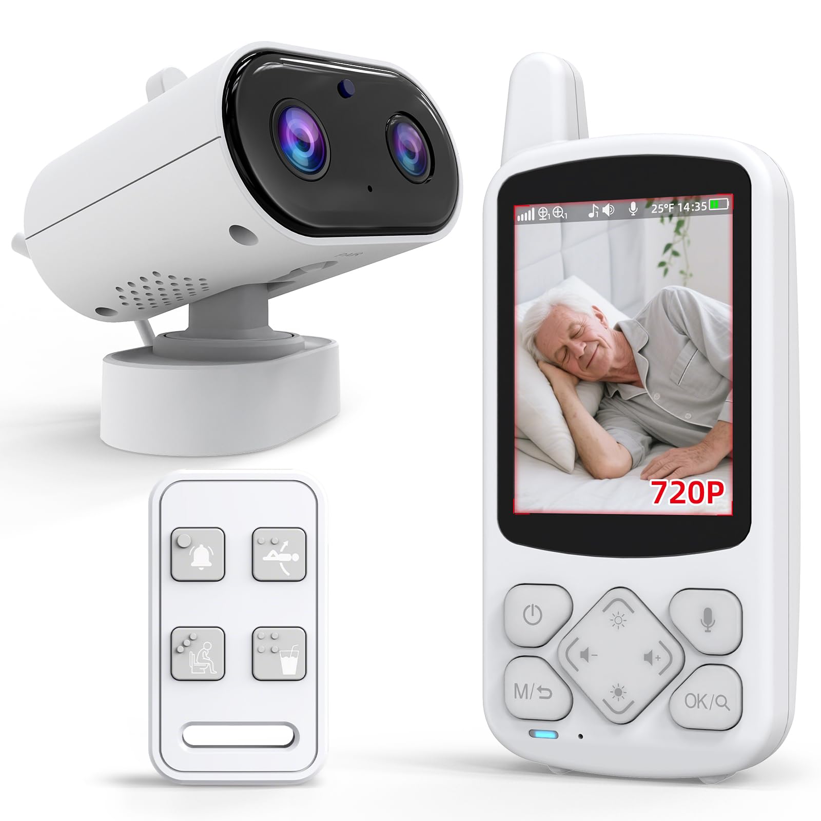 CallToU Obrotowa kamera do monitoringu seniorów, z dwukierunkowym audio, elektroniczna niania dla seniorów, nie wymaga Wi-Fi, z przypomnieniem o lekach i monitorowaniem temperatury