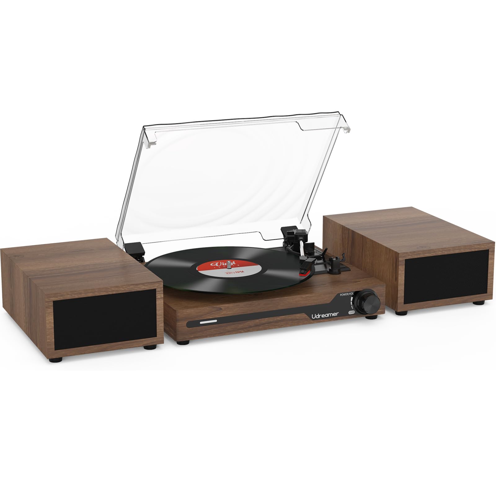 Udreamer Gramofon z 2 podwójnymi głośnikami stereo, gramofon w stylu vintage, Bluetooth 5.3, obsługuje 3 prędkości, AUX-In, cinch Line, USB, bezprzewodowe odtwarzanie, kawa