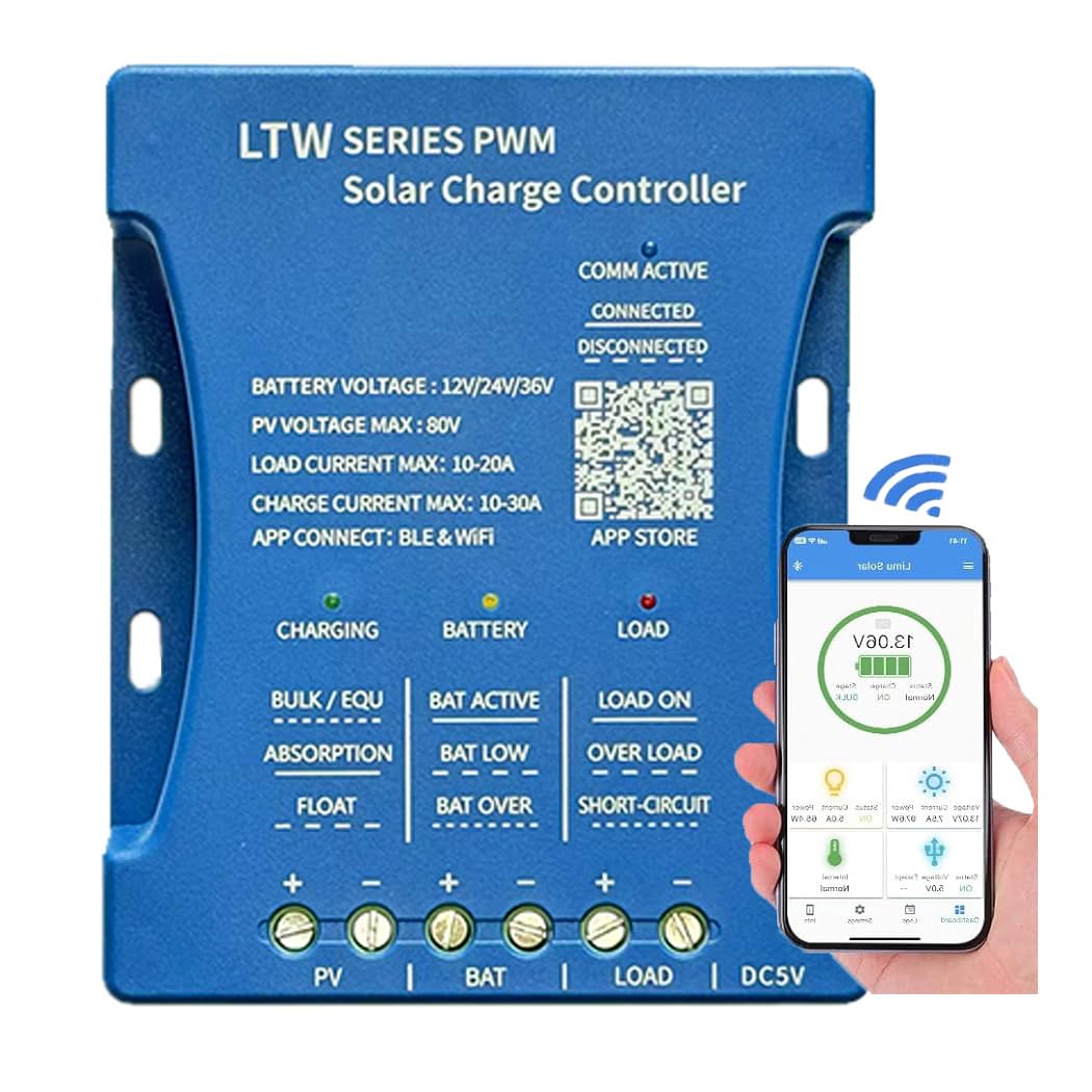 Y&H Regulator ładowania solarnego 30 A 12 V/24 V/36 V PV maks. 80 V WiFi komunikacja Bluetooth regulator panelu słonecznego inteligentny do akumulatorów ołowiowo-kwasowych i LiFePO4 30 A